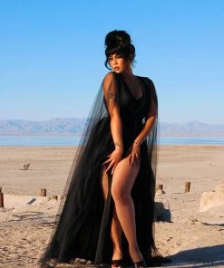 Rubber Ducky Coming Soon - Gothic Glamour Bombshell Gown In Black With Floor Length Sheer Cape Sleeves What's New, Pussycat?