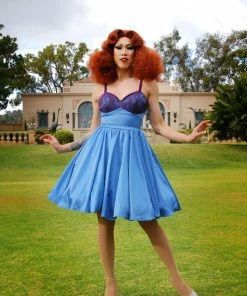 Final Sale - Courtney Vintage Swing Dress In Blue Stretch Satin With Lace Trim | Pinup Couture