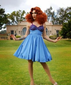 Final Sale - Courtney Vintage Swing Dress In Blue Stretch Satin With Lace Trim | Pinup Couture