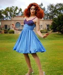 Final Sale - Courtney Vintage Swing Dress In Blue Stretch Satin With Lace Trim | Pinup Couture