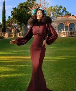 Pinup Couture Shop All In-Stock Items By Size Final Sale - Serafina Maxi Gown In Burgundy Stretch Crepe | Laura Byrnes