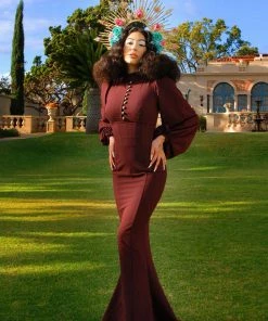 Pinup Couture Shop All In-Stock Items By Size Final Sale - Serafina Maxi Gown In Burgundy Stretch Crepe | Laura Byrnes