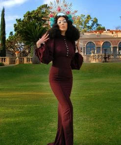 Pinup Couture Shop All In-Stock Items By Size Final Sale - Serafina Maxi Gown In Burgundy Stretch Crepe | Laura Byrnes