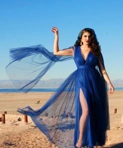 Rubber Ducky Gothic Glamour Bombshell Gown In Blue With Floor Length Sheer Cape Sleeves What's New, Pussycat?