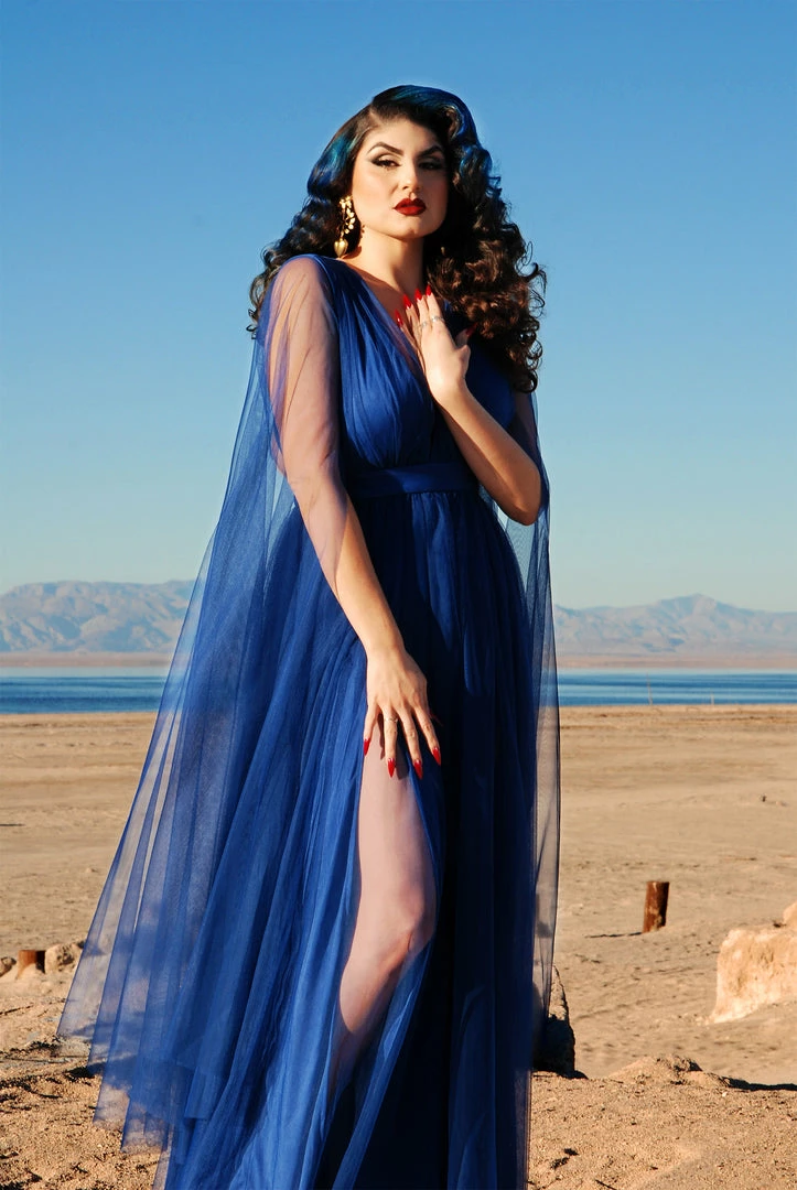 Rubber Ducky Gothic Glamour Bombshell Gown In Blue With Floor Length Sheer Cape Sleeves What's New, Pussycat? 4 Rubber Ducky Gothic Glamour Bombshell Gown In Blue With Floor Length Sheer Cape Sleeves What's New, Pussycat?