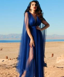 Rubber Ducky Gothic Glamour Bombshell Gown In Blue With Floor Length Sheer Cape Sleeves What's New, Pussycat? 14 Rubber Ducky Gothic Glamour Bombshell Gown In Blue With Floor Length Sheer Cape Sleeves What's New, Pussycat?