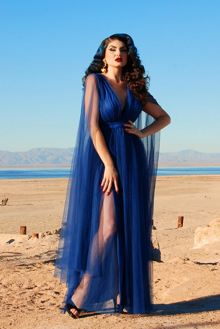 Rubber Ducky Gothic Glamour Bombshell Gown In Blue With Floor Length Sheer Cape Sleeves What's New, Pussycat? 5 Rubber Ducky Gothic Glamour Bombshell Gown In Blue With Floor Length Sheer Cape Sleeves What's New, Pussycat?