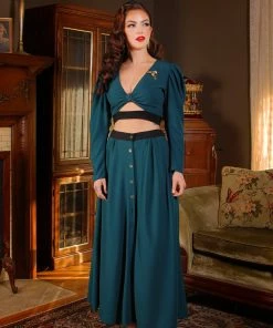 Luna 40s Crop Top In Spruce Green Stretch Crepe With Black Trim | Laura Byrnes Design