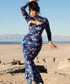 Traci Lords For Couture For Every Body Shop All In-Stock Items By Size Final Sale - Supreme Maxi Dress In Blue Floral Velvet With Removable Shrug | Traci Lords