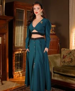 Selene Button Front Midi Skirt In Spruce Green With Black Trim | Laura Byrnes Design What's New, Pussycat?