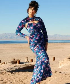 Traci Lords For Couture For Every Body Final Sale - Supreme Maxi Dress In Blue Floral Velvet With Removable Shrug | Traci Lords