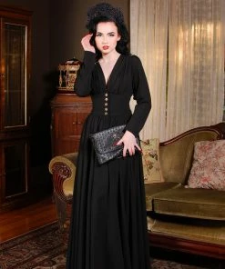 Clarice 40s Coat Dress In Solid Black Poly Crepe | Laura Byrnes Design What's New, Pussycat?