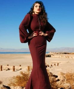 Pinup Couture Shop All In-Stock Items By Size Final Sale - Serafina Maxi Gown In Burgundy Stretch Crepe | Laura Byrnes
