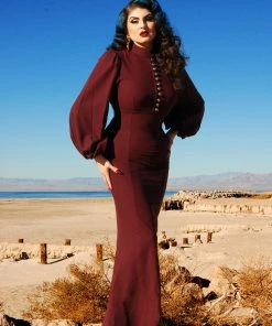 Pinup Couture Shop All In-Stock Items By Size Final Sale - Serafina Maxi Gown In Burgundy Stretch Crepe | Laura Byrnes