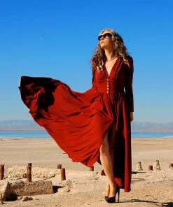 Laura Byrnes Design Clarice 40's Maxi Coat Dress In Solid Cabernet Stretch Crepe | Laura Byrnes