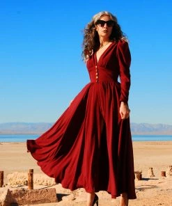 Laura Byrnes Design Clarice 40's Maxi Coat Dress In Solid Cabernet Stretch Crepe | Laura Byrnes