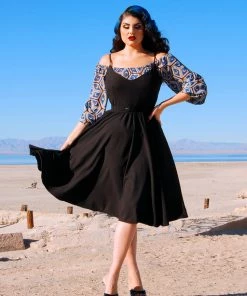 Final Sale - Amalie Ballerina Swing Dress In Solid Black Crepe | Pinup Couture
