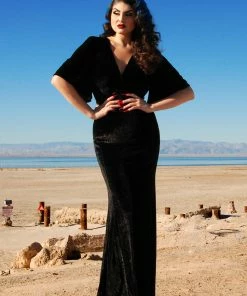 Pinupgirlclothing.com Shop All In-Stock Items By Size Final Sale - Valeria Deco Maxi Gown In Black Stretch Velvet | Laura Byrnes Design