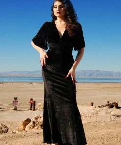 Pinupgirlclothing.com Shop All In-Stock Items By Size Final Sale - Valeria Deco Maxi Gown In Black Stretch Velvet | Laura Byrnes Design