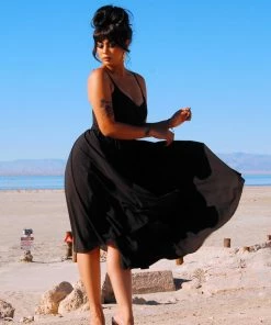 Final Sale - Amalie Ballerina Swing Dress In Solid Black Crepe | Pinup Couture