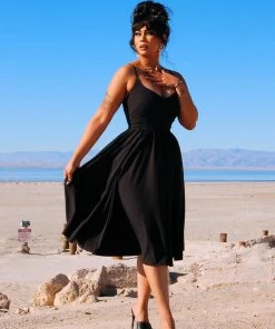 Shop All In-Stock Items By Size Final Sale - Amalie Ballerina Swing Dress In Solid Black Crepe | Pinup Couture