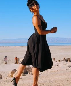 Shop All In-Stock Items By Size Final Sale - Amalie Ballerina Swing Dress In Solid Black Crepe | Pinup Couture