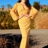 Pinup Girl Clothing What's New, Pussycat? Gia Art Deco Gown In Mustard With Bishop Sleeves | Laura Byrnes