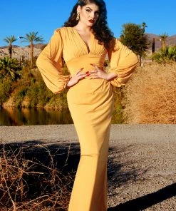 Pinup Girl Clothing What's New, Pussycat? Gia Art Deco Gown In Mustard With Bishop Sleeves | Laura Byrnes
