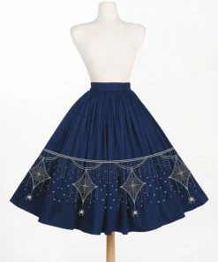 LBHM Bella Skirt In Blue & Silver Deco Spiderweb Border Print | Laura Byrnes & Hope Johnstun What's New, Pussycat?