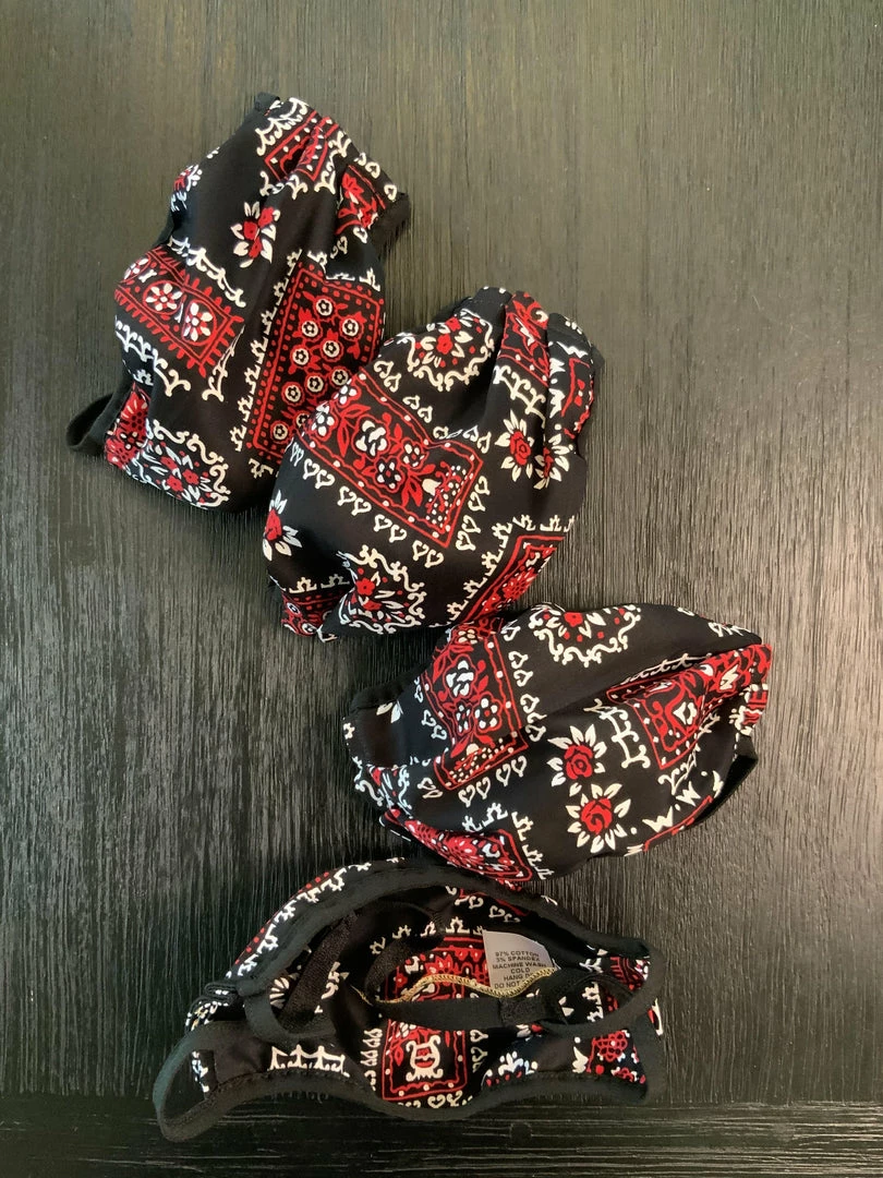 Pinup Girl Clothing Final Sale - Social Distancing Fabric Face Masks - Set Of 4pcs - Adult - Style #1 - Black Bandanna Print Cotton Sateen 3 Pinup Girl Clothing Final Sale - Social Distancing Fabric Face Masks - Set Of 4pcs - Adult - Style #1 - Black Bandanna Print Cotton Sateen