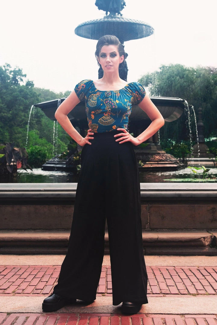 LBHM What's New, Pussycat? Classic Peasant Top In Teal Spanish Fans Cotton Sateen | Laura Byrnes & Hope Johnstun 4 LBHM What's New, Pussycat? Classic Peasant Top In Teal Spanish Fans Cotton Sateen | Laura Byrnes & Hope Johnstun