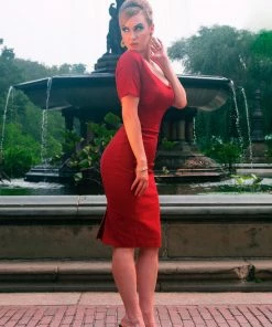 Priscilla 60s Wiggle Dress In Garnet Red Stretch Bengaline | Pinup Couture