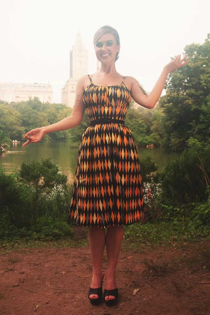 Final Sale - Ella Vintage Style Sun Dress In House Harlequin Yellow Cotton Sateen | Pinup Couture 4 Final Sale - Ella Vintage Style Sun Dress In House Harlequin Yellow Cotton Sateen | Pinup Couture