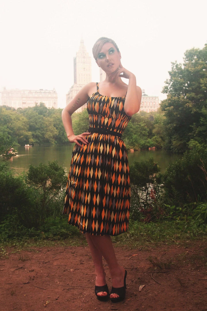 Final Sale - Ella Vintage Style Sun Dress In House Harlequin Yellow Cotton Sateen | Pinup Couture 3 Final Sale - Ella Vintage Style Sun Dress In House Harlequin Yellow Cotton Sateen | Pinup Couture