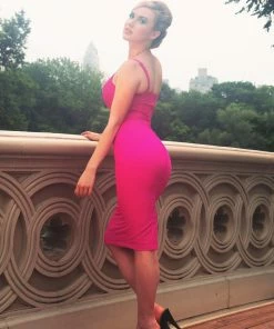 What's New, Pussycat? Jayne Wiggle Dress In Fuchsia Poly Crepe | Pinup Couture