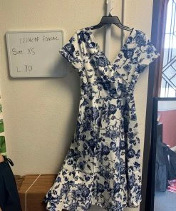 Pinup Girl Clothing OYS - Blue Floral Faux Wrap Dress - L70 Shop All In-Stock Items By Size