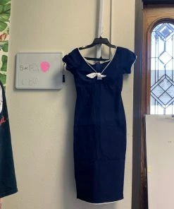 Pinup Girl Clothing Shop All In-Stock Items By Size OYS - Natalie Wiggle Dress In Navy With White Trim - L80