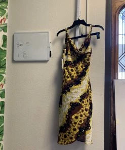 Pinup Girl Clothing OYS - Brown And Yellow Faux Wrap Hawaiian Print Dress - L81