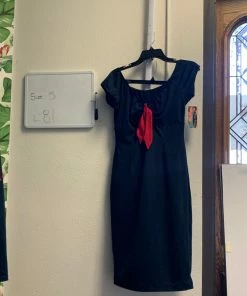 Pinup Girl Clothing Shop All In-Stock Items By Size OYS - Natalie Wiggle Dress In Black With Red Trim - L81