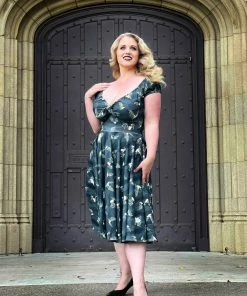 LBHM Shop All In-Stock Items By Size Final Sale - Natalie Dress In Grey Victorian Bats Print Crepe | Laura Byrnes & Hope Johnstun