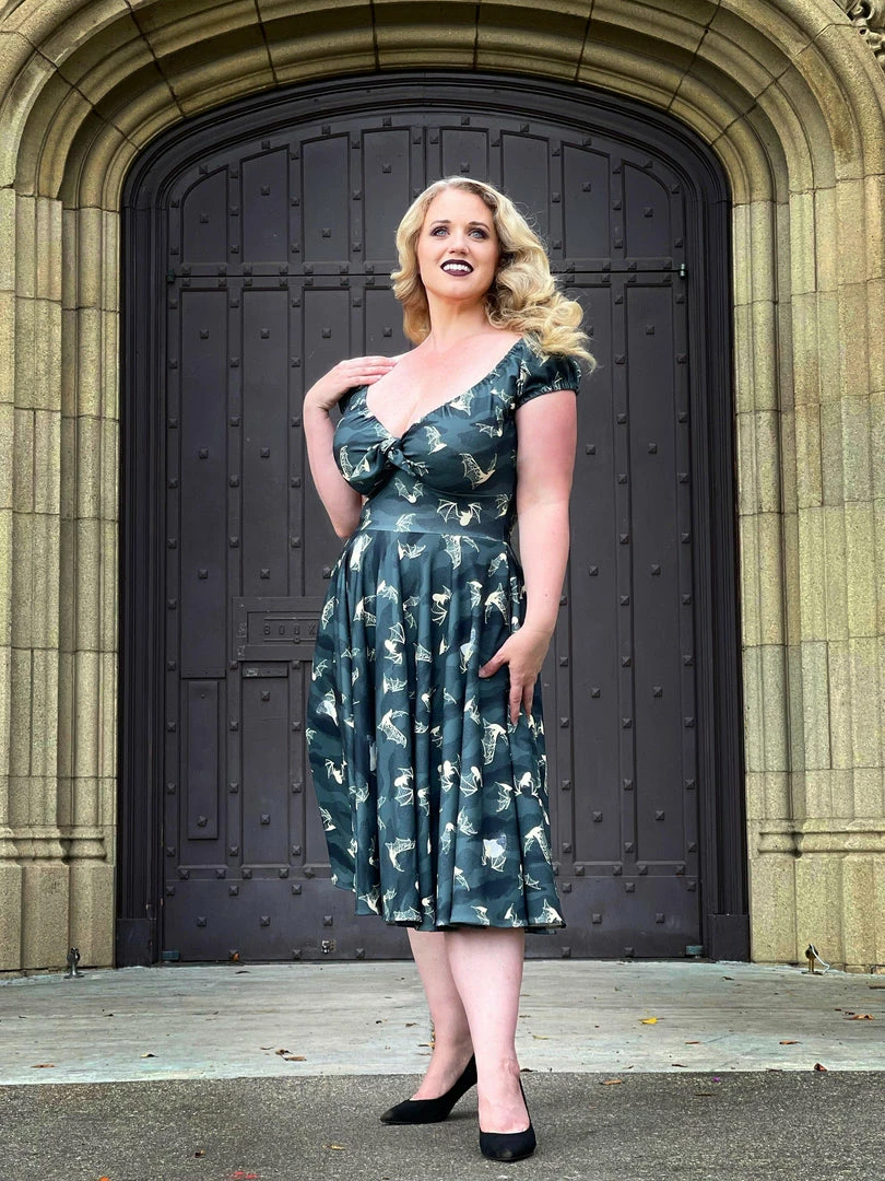 LBHM Final Sale - Natalie Dress In Grey Victorian Bats Print Crepe | Laura Byrnes & Hope Johnstun 4 LBHM Final Sale - Natalie Dress In Grey Victorian Bats Print Crepe | Laura Byrnes & Hope Johnstun