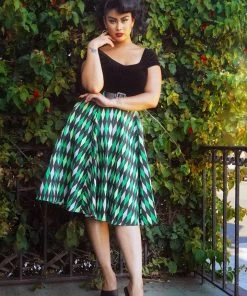 Shop All In-Stock Items By Size Final Sale - Doris Vintage Swing Skirt In House Harlequin Green | Pinup Couture
