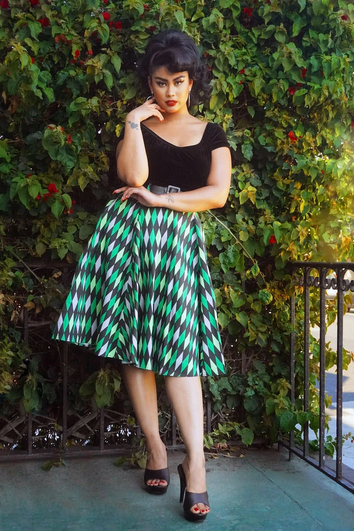 Final Sale - Doris Vintage Swing Skirt In House Harlequin Green | Pinup Couture 3 Final Sale - Doris Vintage Swing Skirt In House Harlequin Green | Pinup Couture
