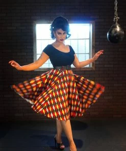 Final Sale - Doris Vintage Swing Skirt In House Harlequin Burgundy & Gold | Pinup Couture