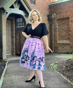 Final Sale - Bella Vintage Gathered Swing Skirt In Pink Fairy Tale Castle Print | Pinup Couture 12 Final Sale - Bella Vintage Gathered Swing Skirt In Pink Fairy Tale Castle Print | Pinup Couture