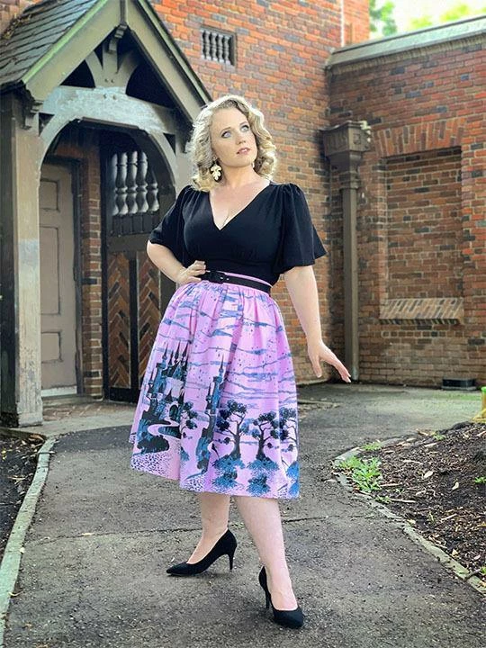 Final Sale - Bella Vintage Gathered Swing Skirt In Pink Fairy Tale Castle Print | Pinup Couture 5 Final Sale - Bella Vintage Gathered Swing Skirt In Pink Fairy Tale Castle Print | Pinup Couture