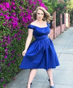 Bella Vintage Gathered Swing Skirt With Pockets In Solid Royal Blue Sateen | Pinup Couture