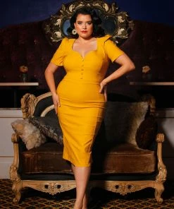 Final Sale - Eliza Wiggle Dress In Mustard Stretch Bengaline | Deadly Dames Shop All In-Stock Items By Size