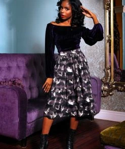 LBHM Final Sale - Bella Swing Skirt In Grey Victorian Bats Print Cotton Sateen | Laura Byrnes & Hope Morrison