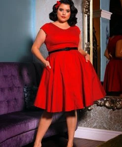 Pinupgirlclothing.com Final Sale - Celia Vintage Swing Dress In Solid Red Cotton Sateen | Pinup Couture Shop All In-Stock Items By Size